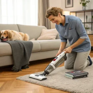 Ledningsfri støvsuger til hundehår: 8 bedste til dyrehår Realistisk tæt på-scene i moderne stue med sofa og trægulv. Person knæler, smiler, justerer en ledningsfri støvsuger til hundehår, fjerner ledningsfri støvsuger til dyrehår fra tæppe. Ansigt og hænder synlige, med tæppe, sofabord og sovende hund i baggrunden.